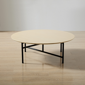 Verona Timber Coffee Table - White Wash Round Side View in Timber Room