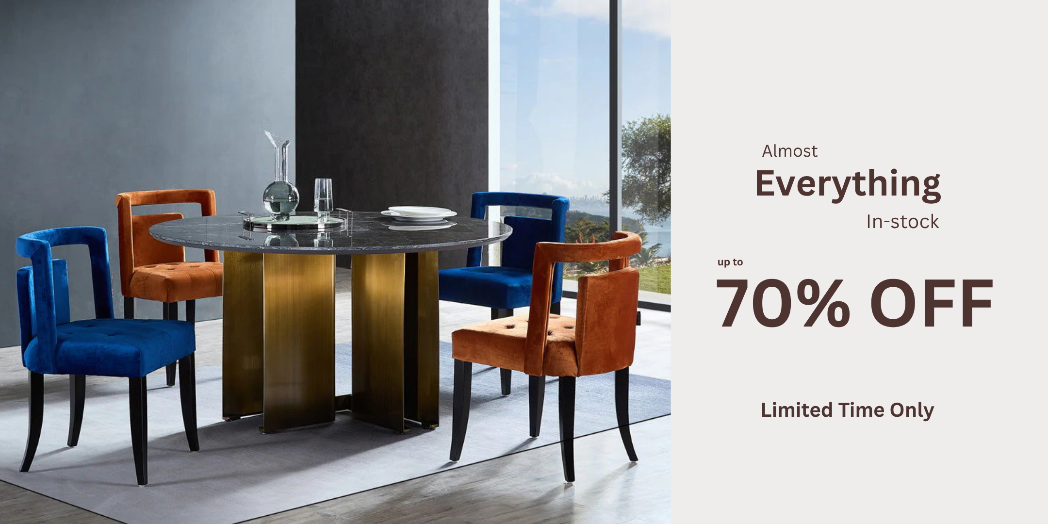 Dining room set with chairs and a table, promotional text for 70% off sale.