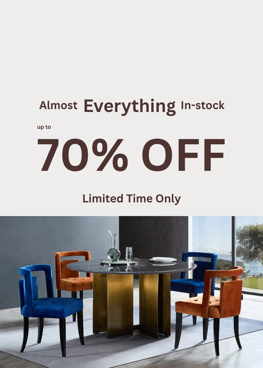 Dining room set with chairs and a table, promotional text overlay for 70% off sale.