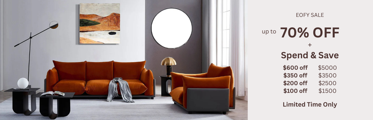 Modern living room with orange sofa and gray armchair, featuring an EDFY sale advertisement.