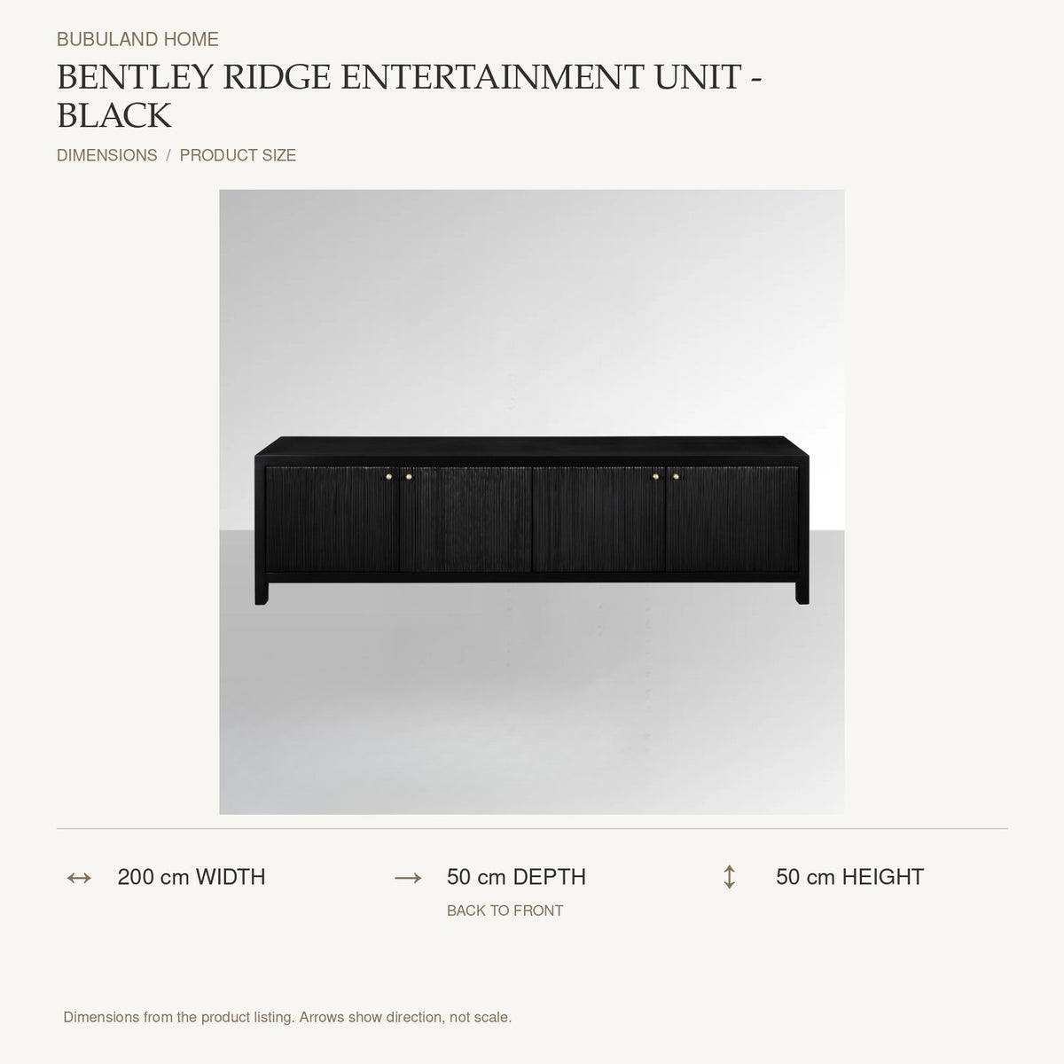 Bentley Ridge Entertainment Unit - Black dimensions: 200 cm width, 50 cm depth, 50 cm height; depth is measured back to front