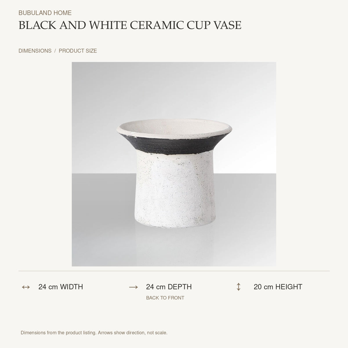 Black and White Ceramic Cup Vase dimensions: 24 cm width, 24 cm depth, 20 cm height; depth is measured back to front