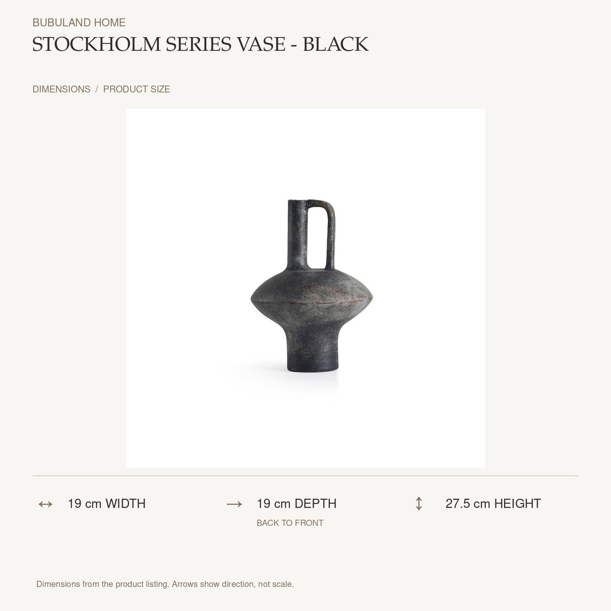 Stockholm Series Vase - Black dimensions: 19 cm width, 19 cm depth, 27.5 cm height; depth is measured back to front