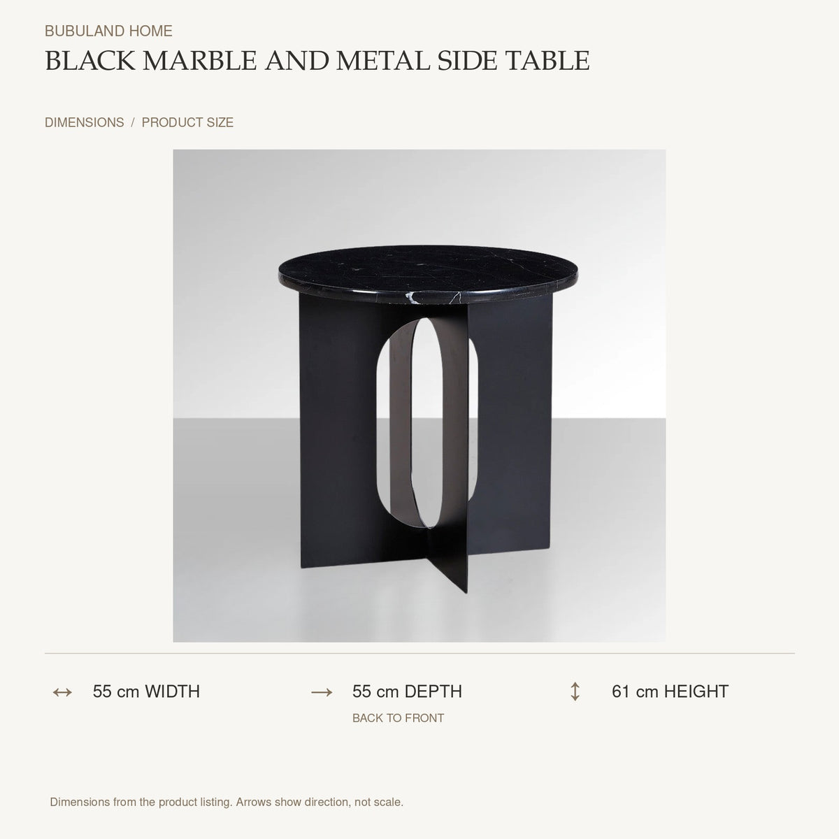 Black Marble and Metal Side Table dimensions: 55 cm width, 55 cm depth, 61 cm height; depth is measured back to front