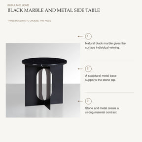 Black Marble and Metal Side Table: Natural black marble gives the surface individual veining. A sculptural metal base supports the stone top. Stone and metal create a strong material contrast.