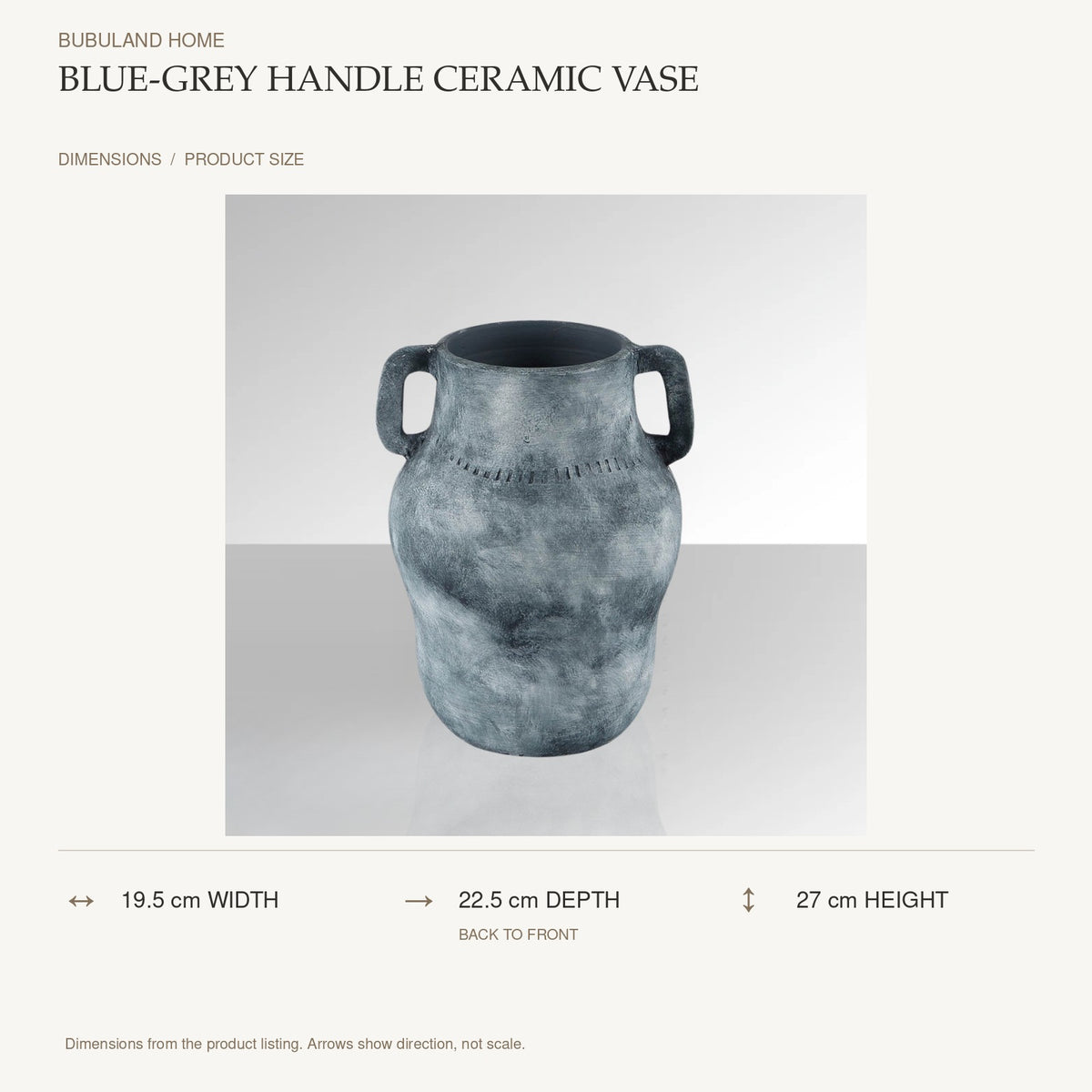 Blue-Grey Handle Ceramic Vase dimensions: 19.5 cm width, 22.5 cm depth, 27 cm height; depth is measured back to front
