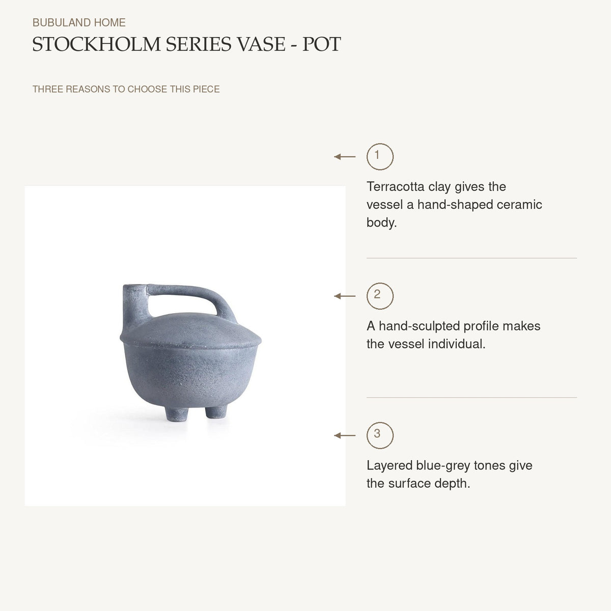 Stockholm Series Vase - Pot: Terracotta clay gives the vessel a hand-shaped ceramic body. A hand-sculpted profile makes the vessel individual. Layered blue-grey tones give the surface depth.