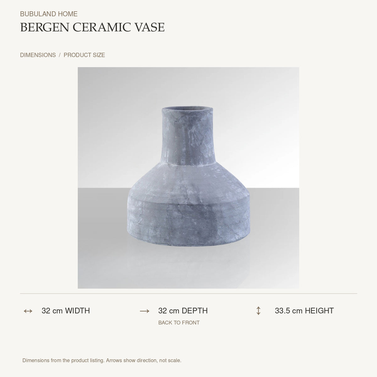 Bergen Ceramic Vase dimensions: 32 cm width, 32 cm depth, 33.5 cm height; depth is measured back to front