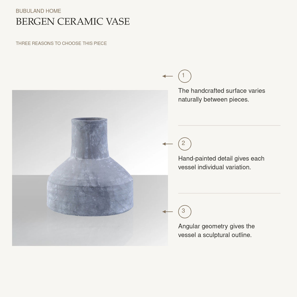 Bergen Ceramic Vase: The handcrafted surface varies naturally between pieces. Hand-painted detail gives each vessel individual variation. Angular geometry gives the vessel a sculptural outline.