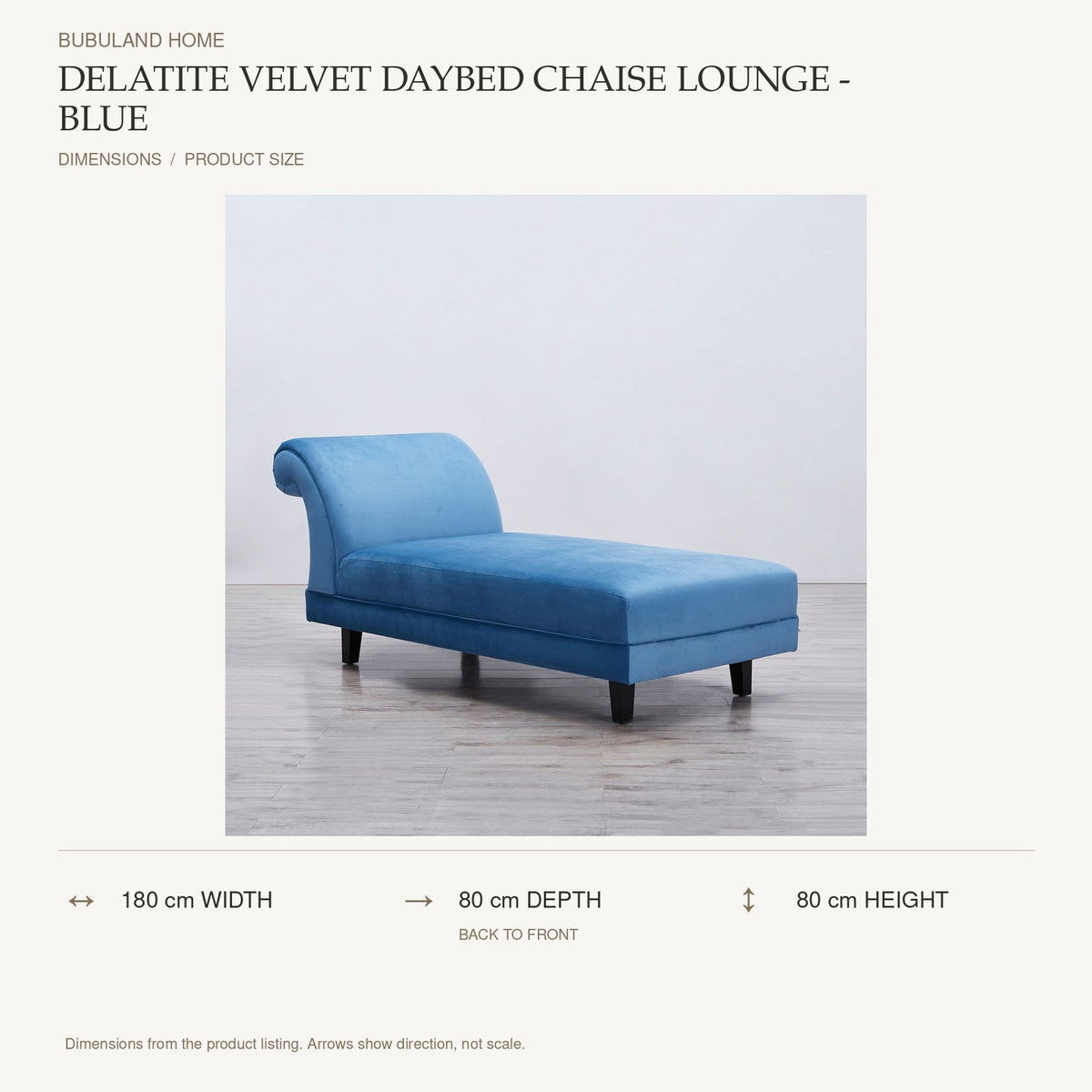 Delatite Velvet Daybed Chaise Lounge - Blue dimensions: 180 cm width, 80 cm depth, 80 cm height; depth is measured back to front