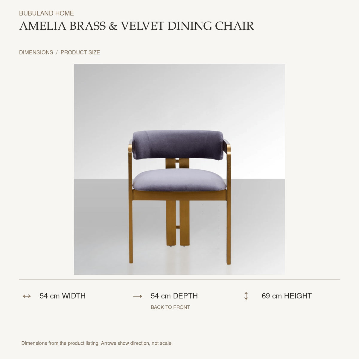 Amelia Brass & Velvet Dining Chair dimensions: 54 cm width, 54 cm depth, 69 cm height; depth is measured back to front