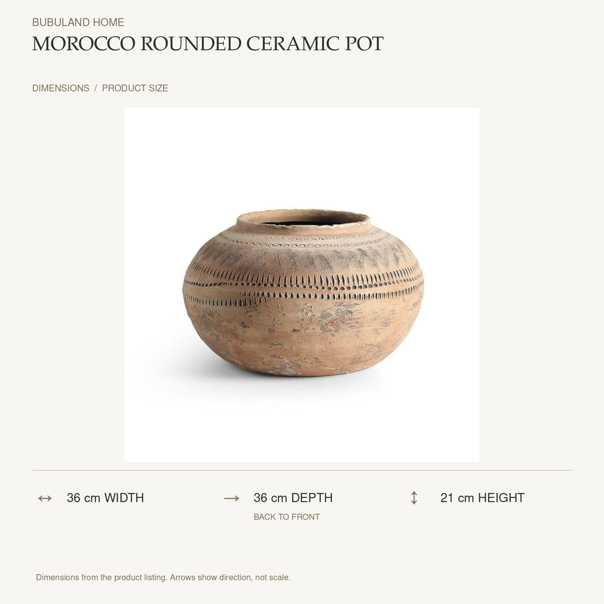 Morocco Rounded Ceramic Pot dimensions: 36 cm width, 36 cm depth, 21 cm height; depth is measured back to front