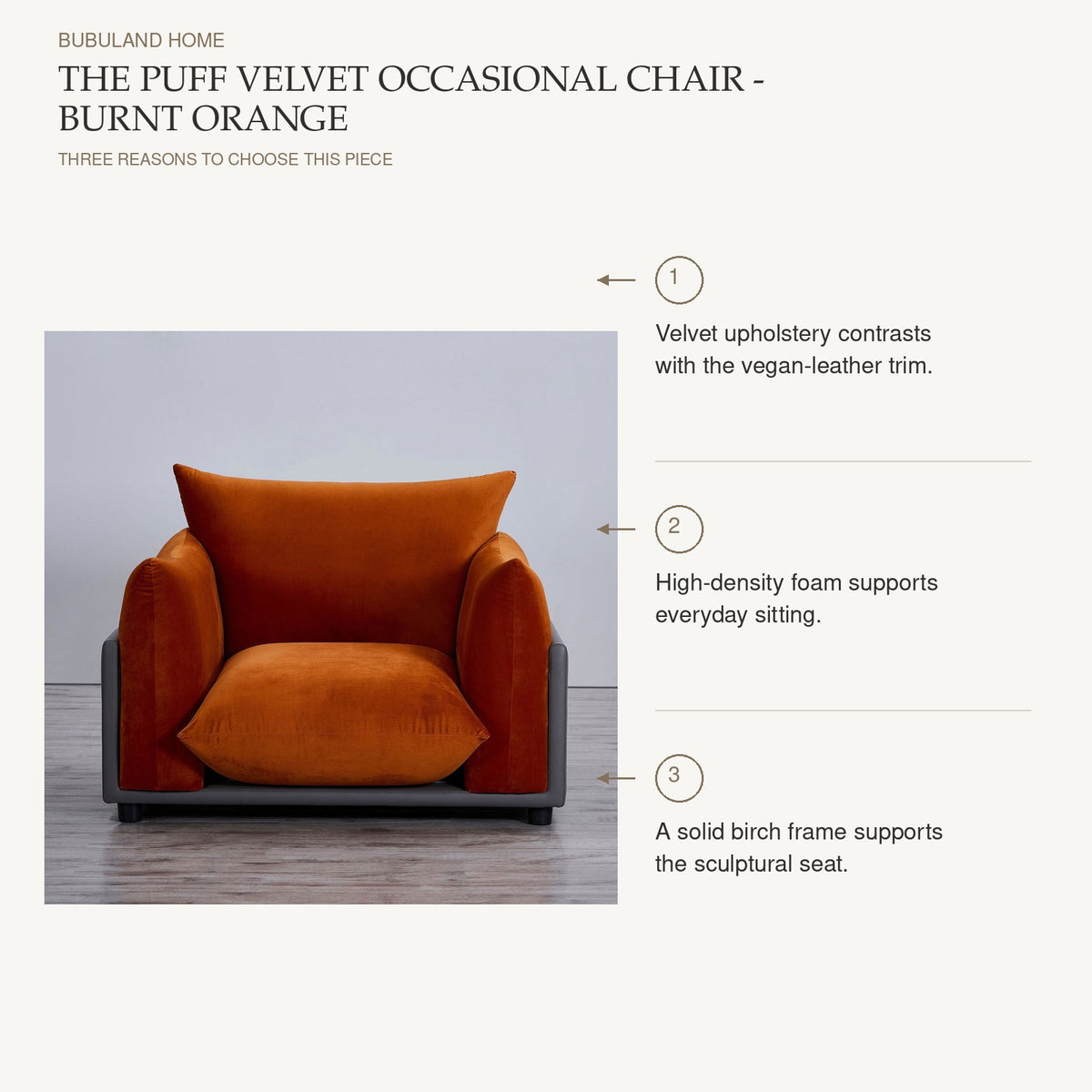 The Puff Velvet Occasional Chair - Burnt Orange product benefits: Velvet upholstery contrasts with the vegan-leather trim.; High-density foam supports everyday sitting.; A solid birch frame supports the sculptural seat.