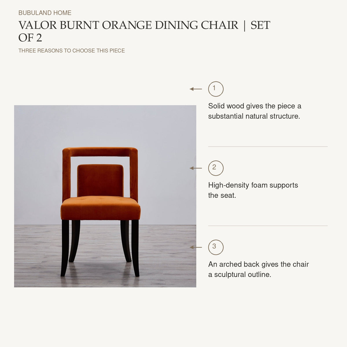 Valor Burnt Orange Dining Chair | Set of 2: Solid wood gives the piece a substantial natural structure. High-density foam supports the seat. An arched back gives the chair a sculptural outline.