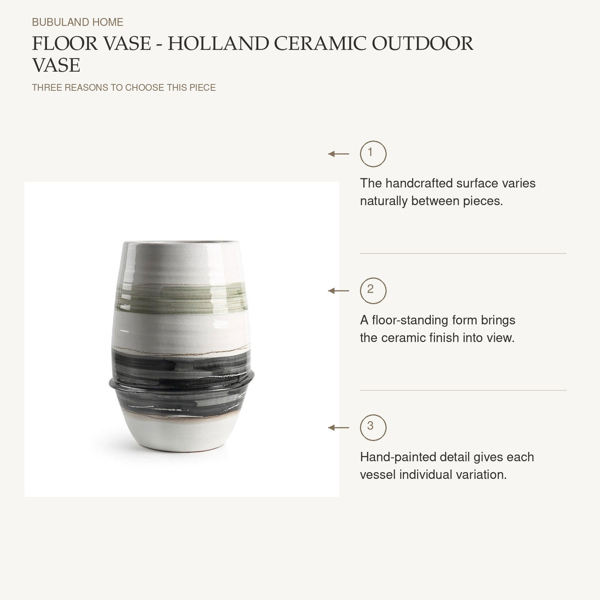 Floor Vase - Holland Ceramic Outdoor Vase: The handcrafted surface varies naturally between pieces. A floor-standing form brings the ceramic finish into view. Hand-painted detail gives each vessel individual variation.
