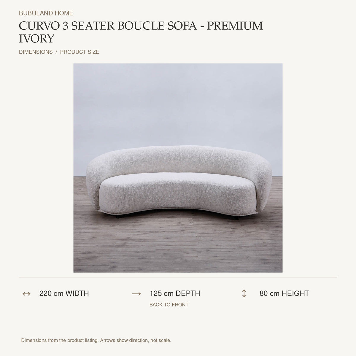 Curvo 3 Seater Boucle Sofa - Premium Ivory dimensions: 220 cm width, 125 cm depth, 80 cm height; depth is measured back to front