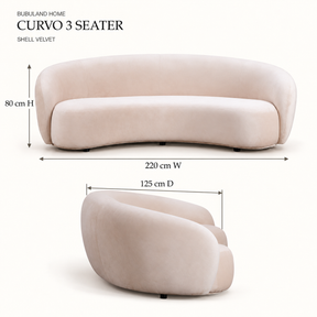 Curvo 3 Seater Shell Velvet sofa dimensions: 220 cm width, 125 cm back-to-front depth and 80 cm height, shown in front and side views