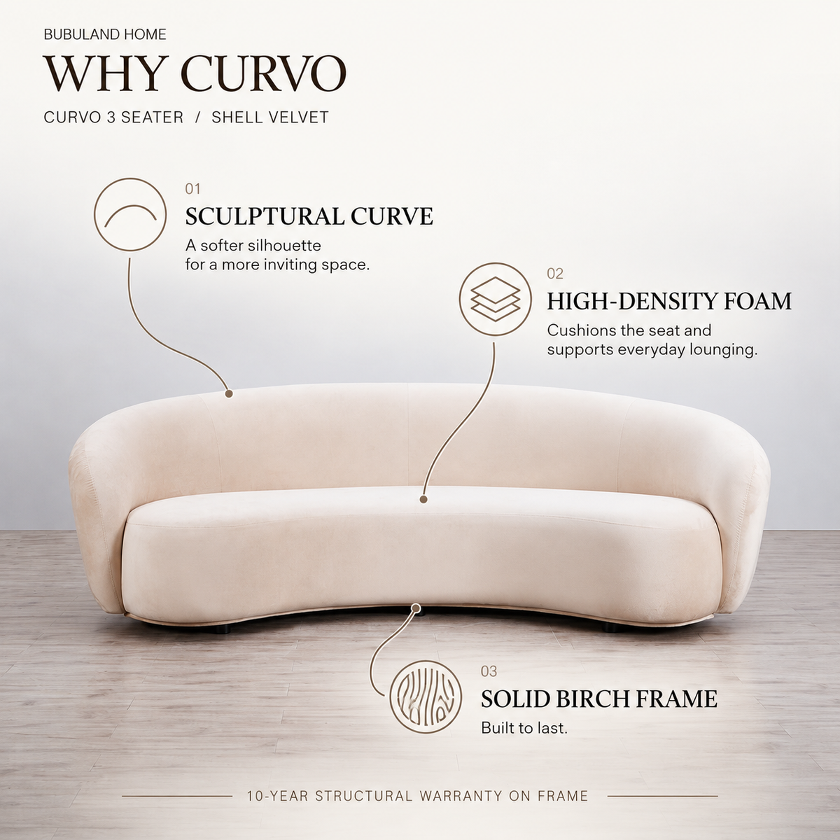 Curvo 3 Seater Shell Velvet sofa: sculptural curved back, high-density foam seat and solid birch frame with 10-year structural warranty