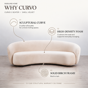 Curvo 3 Seater Shell Velvet sofa: sculptural curved back, high-density foam seat and solid birch frame with 10-year structural warranty