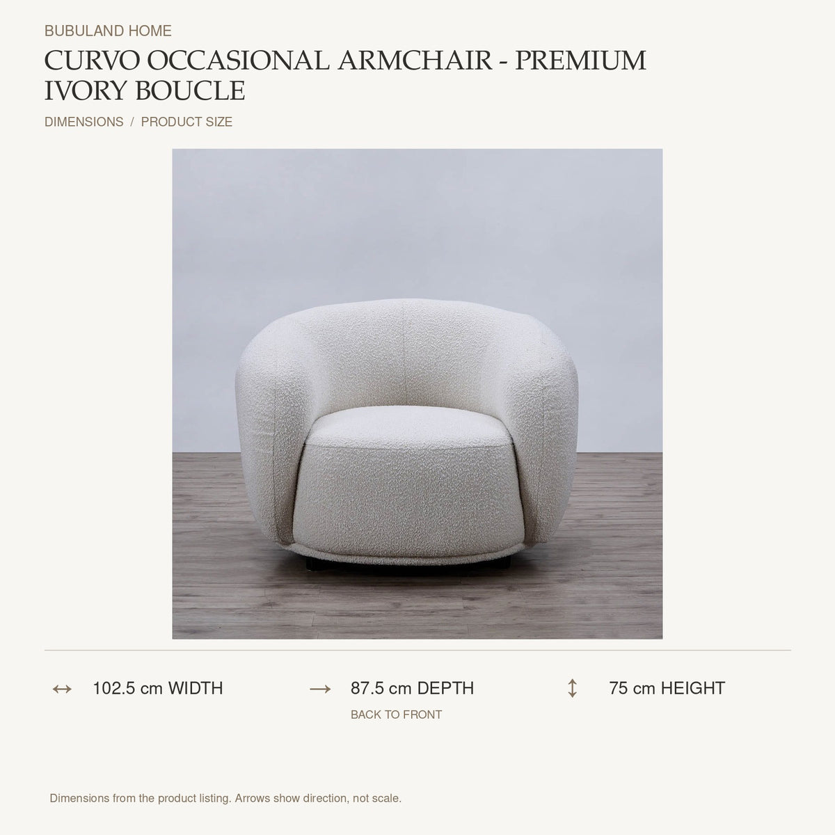 Curvo Occasional Armchair - Premium Ivory Boucle dimensions: 102.5 cm width, 87.5 cm depth, 75 cm height; depth is measured back to front