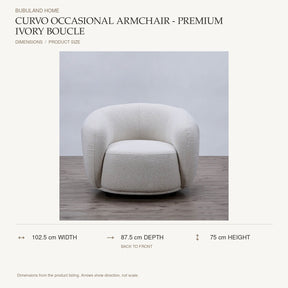 Curvo Occasional Armchair - Premium Ivory Boucle dimensions: 102.5 cm width, 87.5 cm depth, 75 cm height; depth is measured back to front