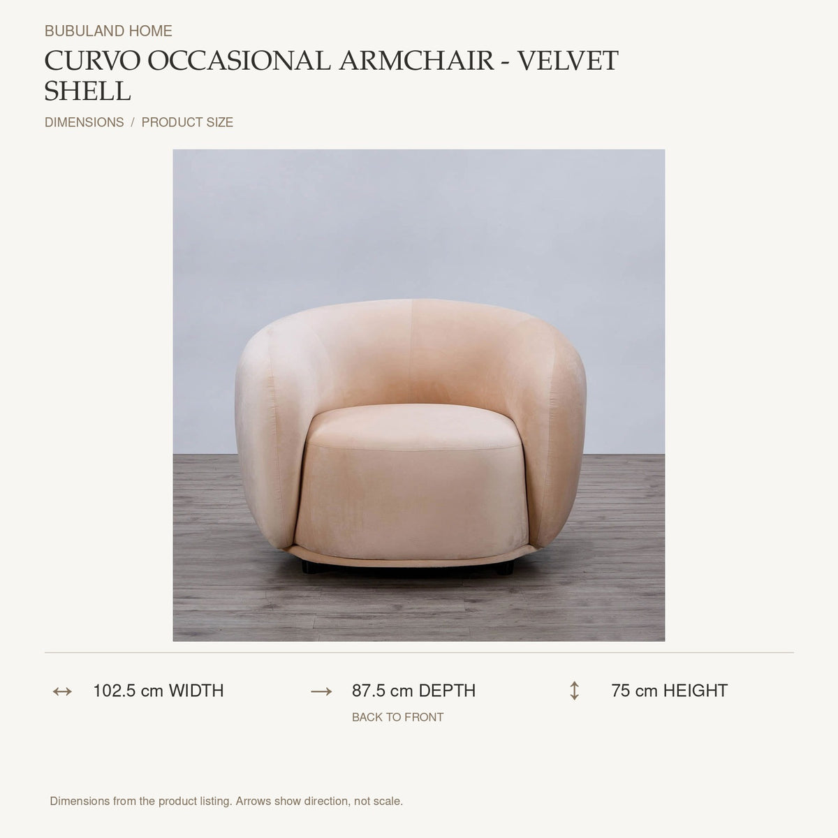 Curvo Occasional Armchair - Velvet Shell dimensions: 102.5 cm width, 87.5 cm depth, 75 cm height; depth is measured back to front