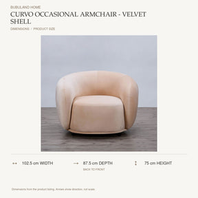 Curvo Occasional Armchair - Velvet Shell dimensions: 102.5 cm width, 87.5 cm depth, 75 cm height; depth is measured back to front