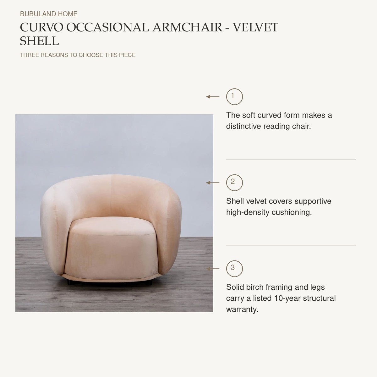 Curvo Occasional Armchair - Velvet Shell: The soft curved form makes a distinctive reading chair. Shell velvet covers supportive high-density cushioning. Solid birch framing and legs carry a listed 10-year structural warranty.