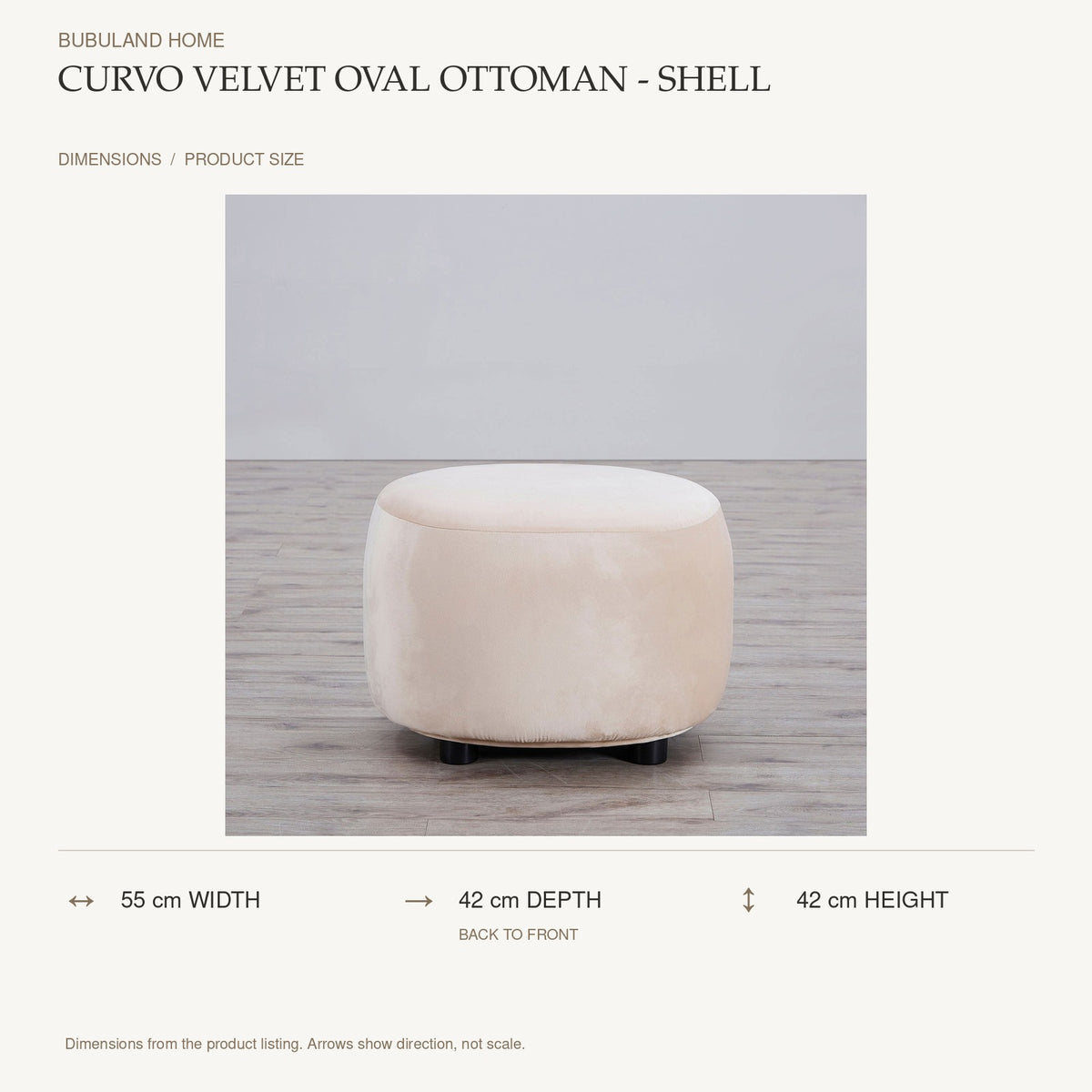 Curvo Velvet Oval Ottoman - Shell dimensions: 55 cm width, 42 cm depth, 42 cm height; depth is measured back to front