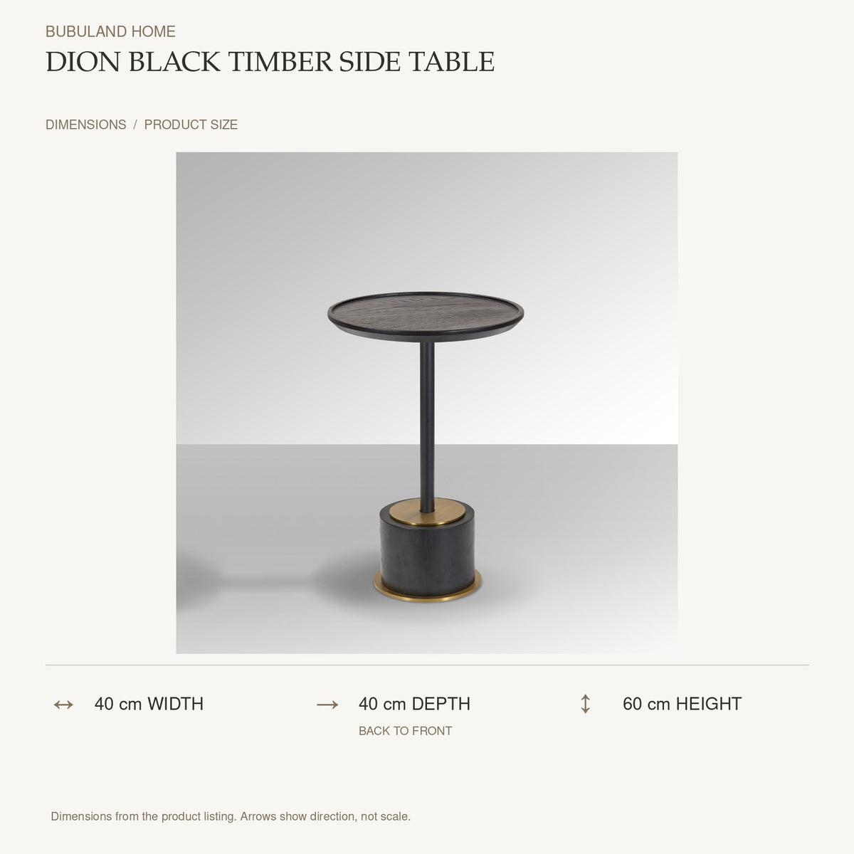 Dion Black Timber Side Table dimensions: 40 cm width, 40 cm depth, 60 cm height; depth is measured back to front