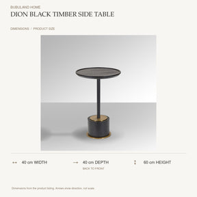 Dion Black Timber Side Table dimensions: 40 cm width, 40 cm depth, 60 cm height; depth is measured back to front
