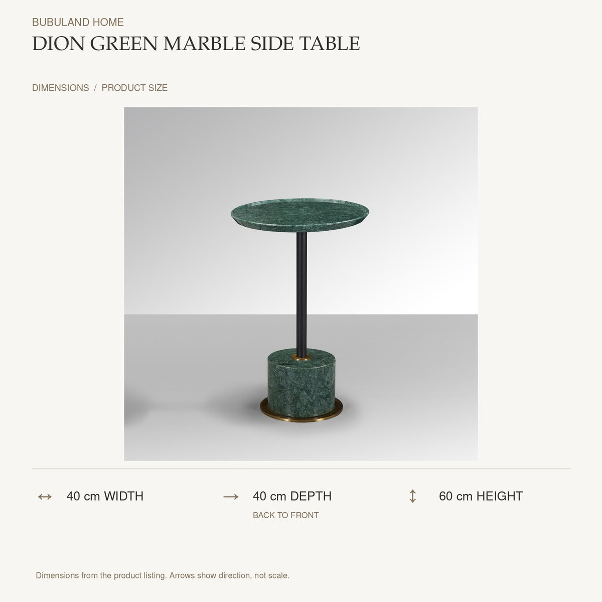 Dion Green Marble Side Table dimensions: 40 cm width, 40 cm depth, 60 cm height; depth is measured back to front