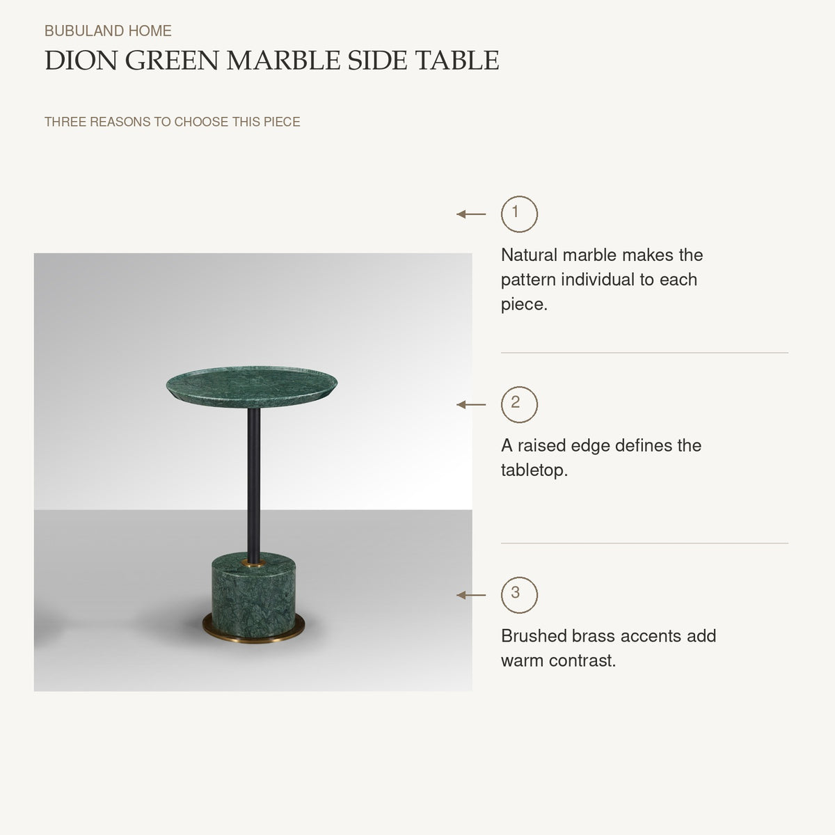Dion Green Marble Side Table: Natural marble makes the pattern individual to each piece. A raised edge defines the tabletop. Brushed brass accents add warm contrast.