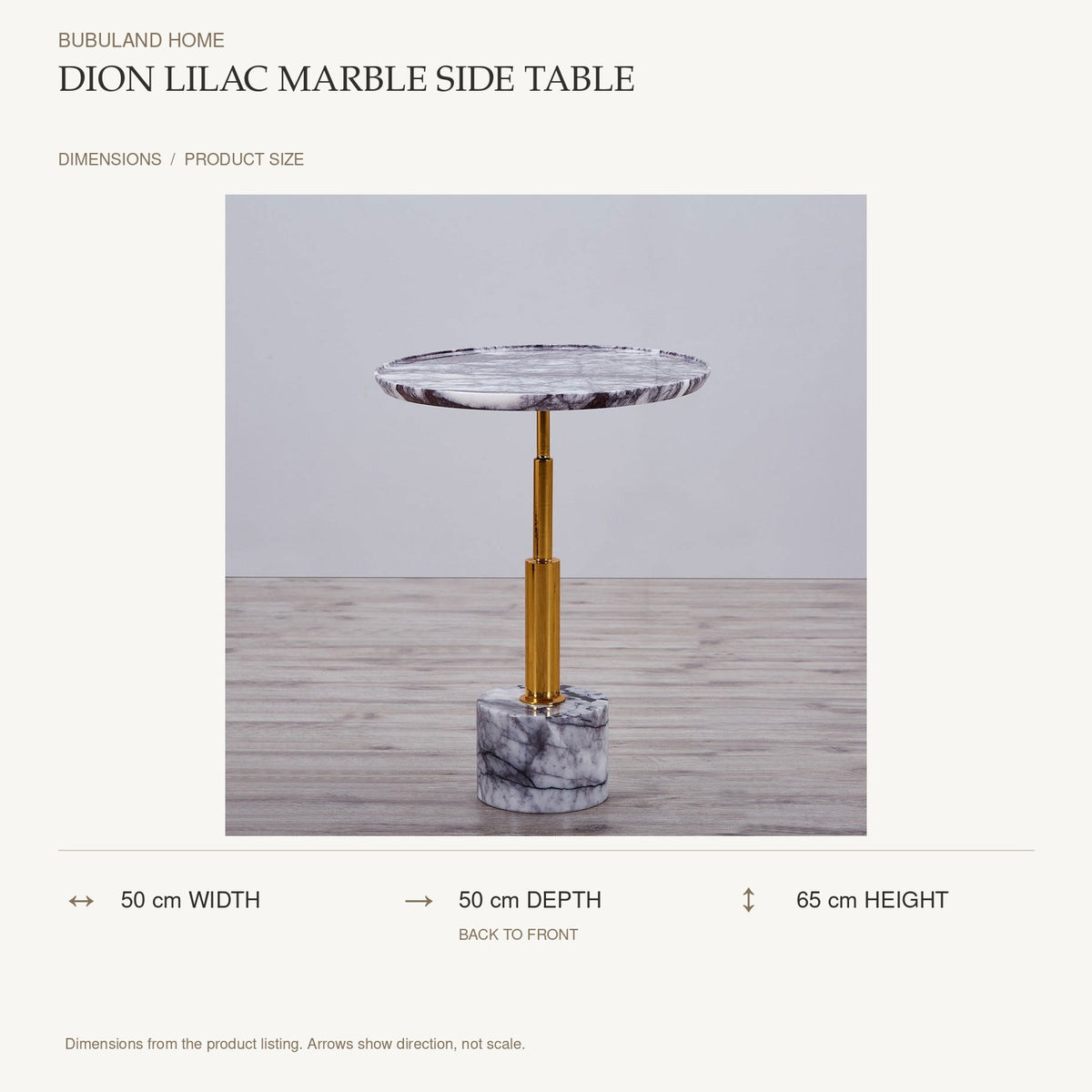 Dion Lilac Marble Side Table dimensions: 50 cm width, 50 cm depth, 65 cm height; depth is measured back to front