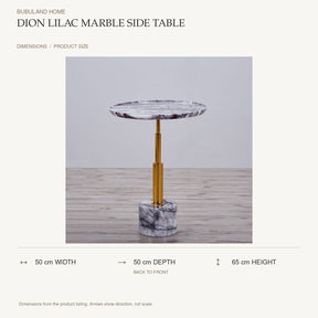 Dion Lilac Marble Side Table dimensions: 50 cm width, 50 cm depth, 65 cm height; depth is measured back to front