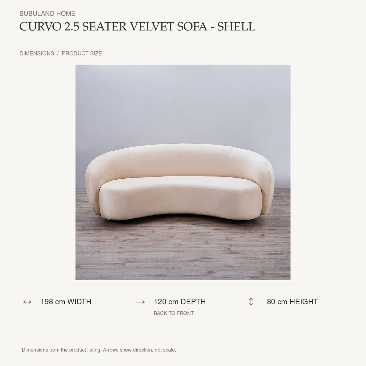 Curvo 2.5 Seater Velvet Sofa - Shell dimensions: 198 cm width, 120 cm depth, 80 cm height; depth is measured back to front