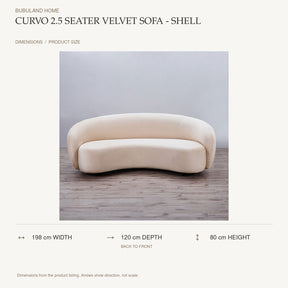 Curvo 2.5 Seater Velvet Sofa - Shell dimensions: 198 cm width, 120 cm depth, 80 cm height; depth is measured back to front