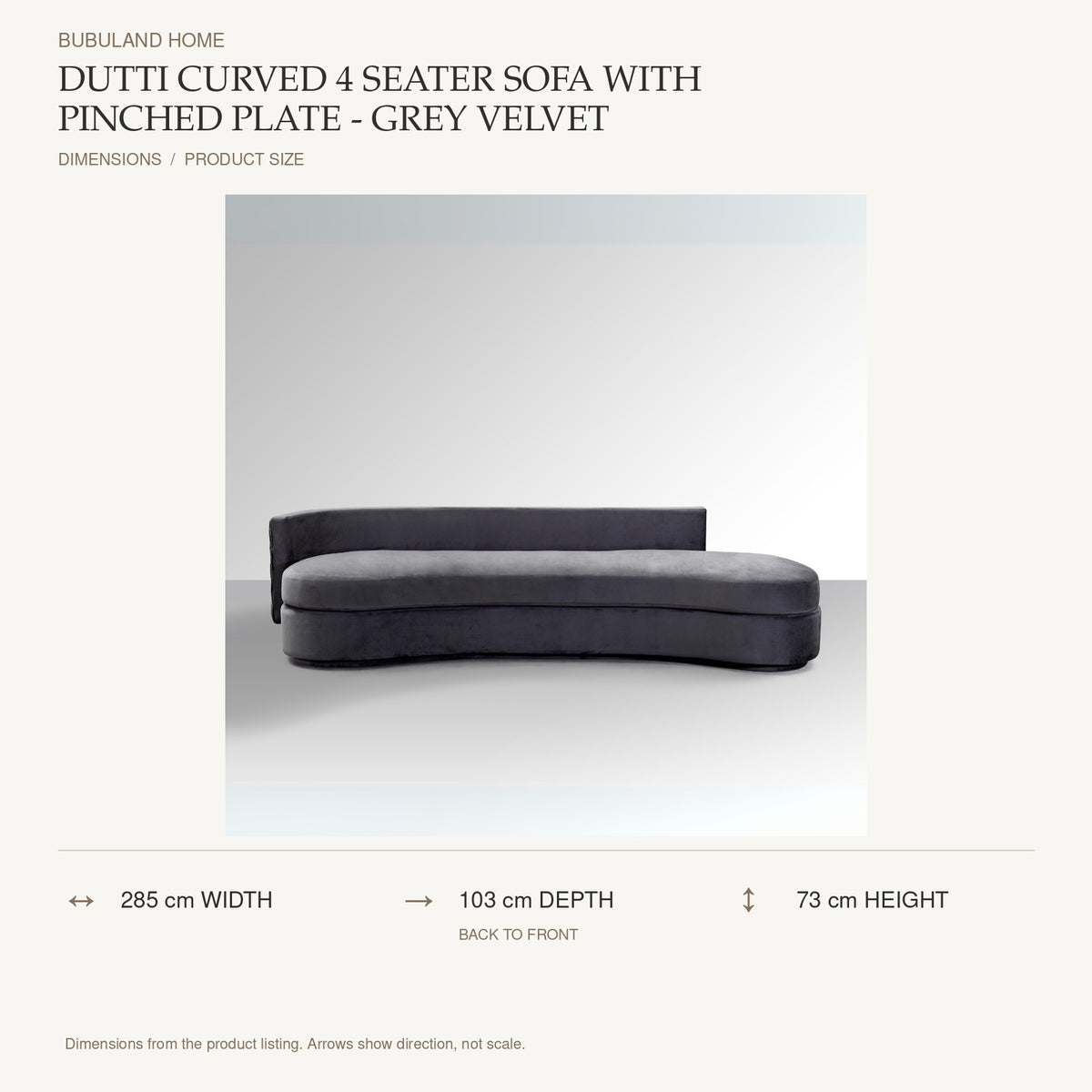 Dutti Curved 4 Seater Sofa with Pinched Plate - Grey Velvet dimensions: 285 cm width, 103 cm depth, 73 cm height; depth is measured back to front