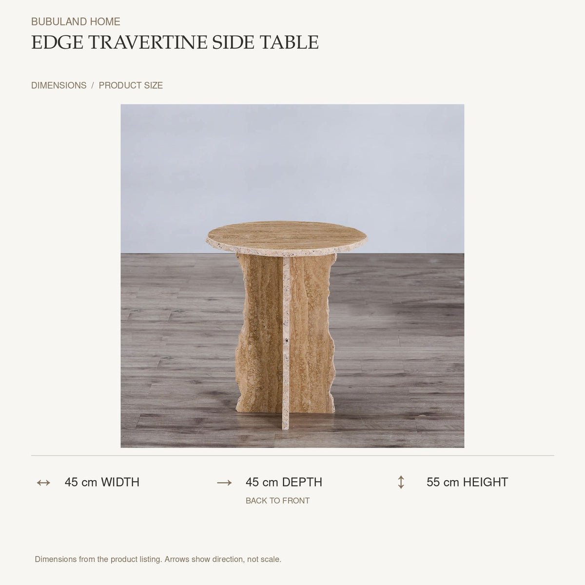 Edge Travertine Side Table dimensions: 45 cm width, 45 cm depth, 55 cm height; depth is measured back to front