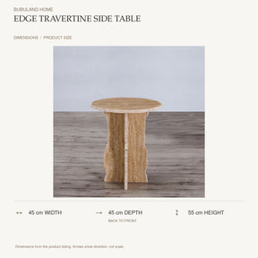 Edge Travertine Side Table dimensions: 45 cm width, 45 cm depth, 55 cm height; depth is measured back to front
