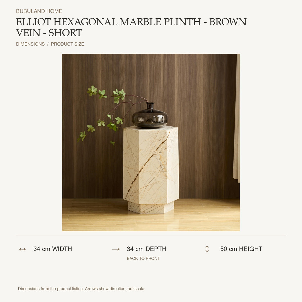 Elliot Hexagonal Marble Plinth - Brown Vein - Short dimensions: 34 cm width, 34 cm depth, 50 cm height; depth is measured back to front
