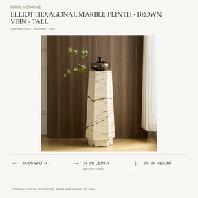 Elliot Hexagonal Marble Plinth - Brown Vein - Tall dimensions: 34 cm width, 34 cm depth, 85 cm height; depth is measured back to front