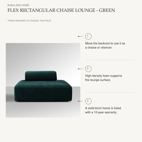 Flex Rectangular Chaise Lounge - Green: Move the backrest to use it as a chaise or ottoman. High-density foam supports the lounge surface. A solid birch frame is listed with a 10-year warranty.