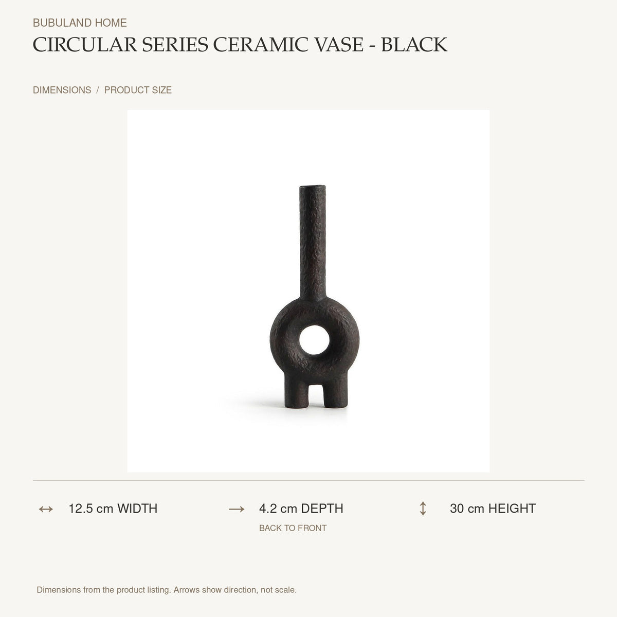 Circular Series Ceramic Vase - Black dimensions: 12.5 cm width, 4.2 cm depth, 30 cm height; depth is measured back to front