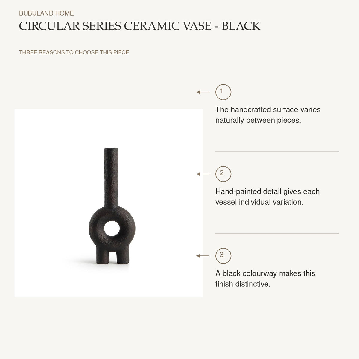 Circular Series Ceramic Vase - Black: The handcrafted surface varies naturally between pieces. Hand-painted detail gives each vessel individual variation. A black colourway makes this finish distinctive.