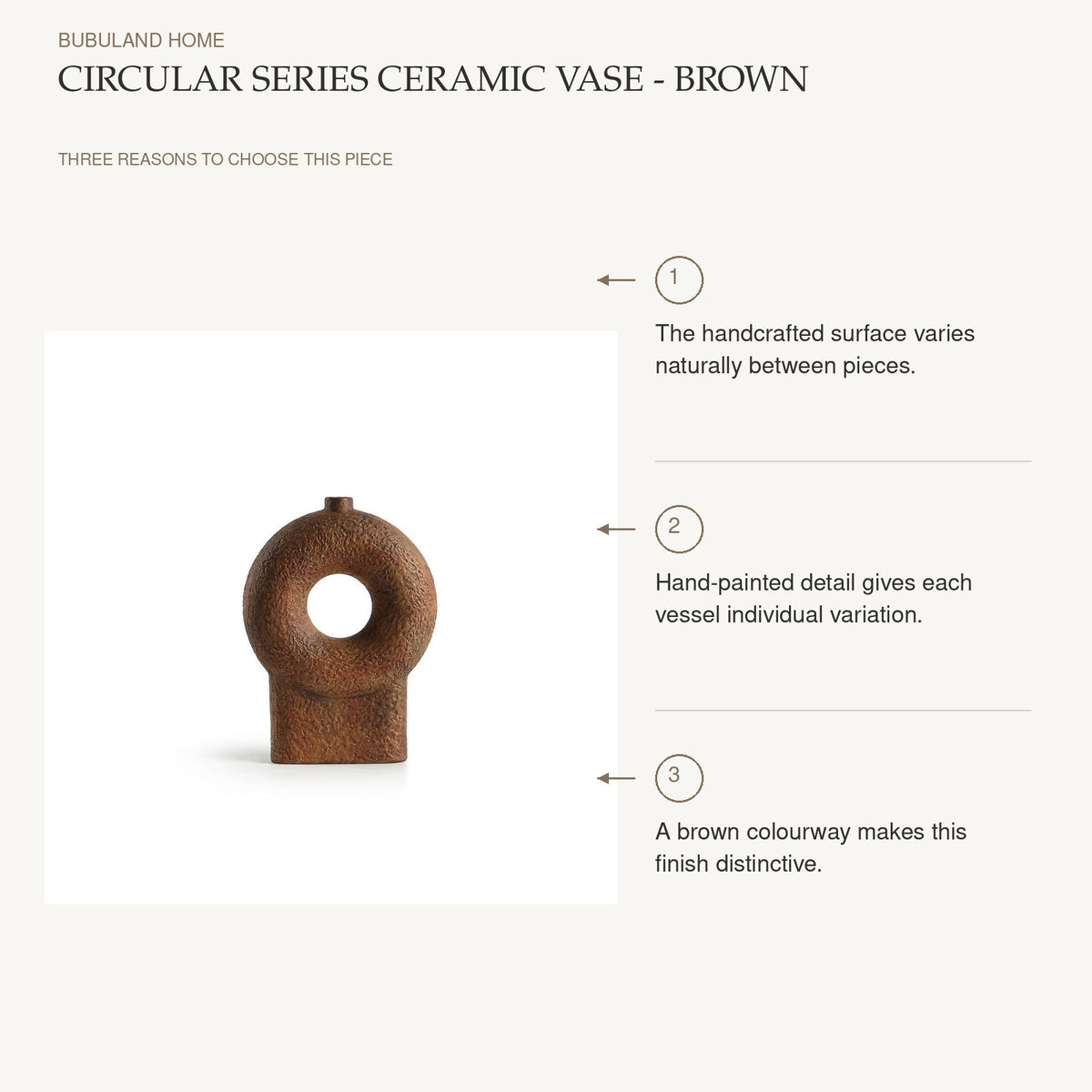 Circular Series Ceramic Vase - Brown: The handcrafted surface varies naturally between pieces. Hand-painted detail gives each vessel individual variation. A brown colourway makes this finish distinctive.