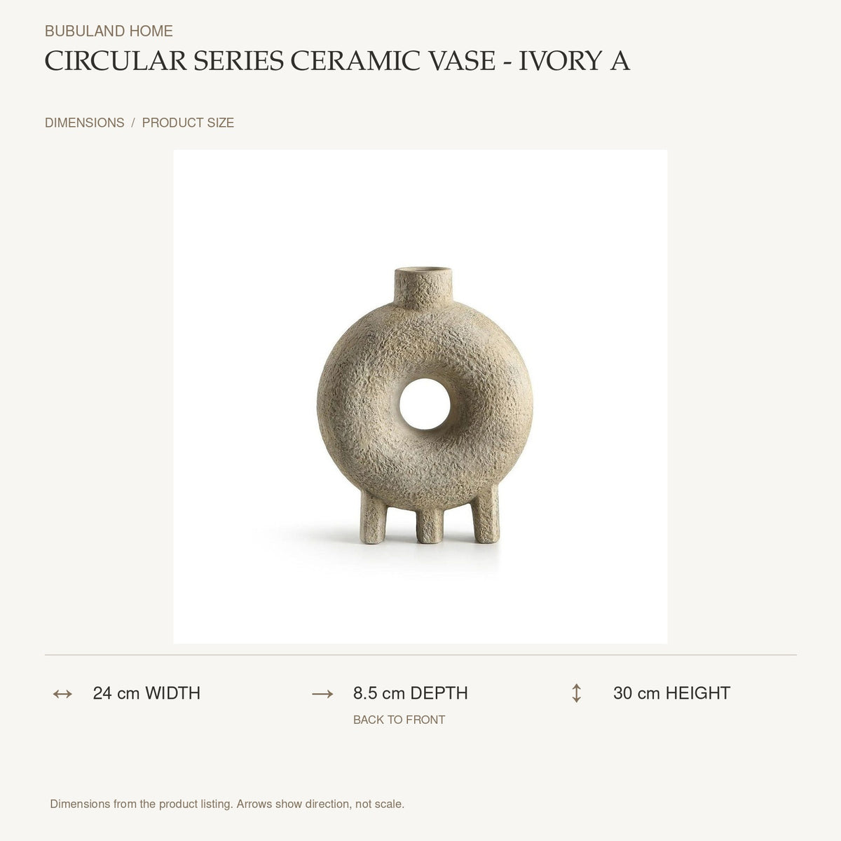 Circular Series Ceramic Vase - Ivory A dimensions: 24 cm width, 8.5 cm depth, 30 cm height; depth is measured back to front
