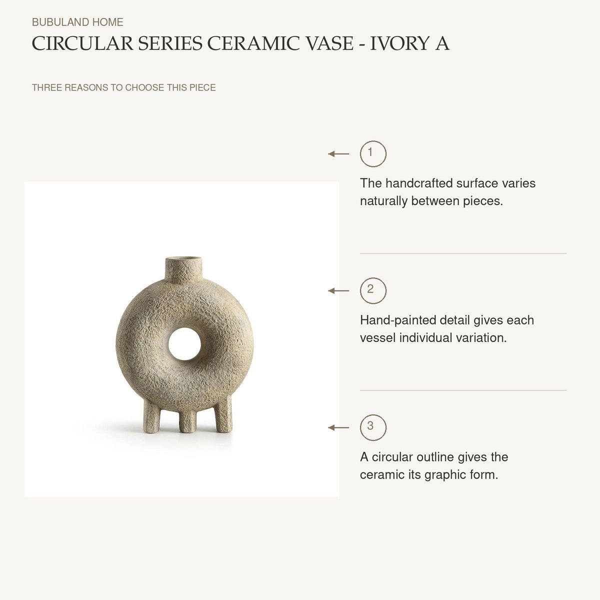 Circular Series Ceramic Vase - Ivory A: The handcrafted surface varies naturally between pieces. Hand-painted detail gives each vessel individual variation. A circular outline gives the ceramic its graphic form.