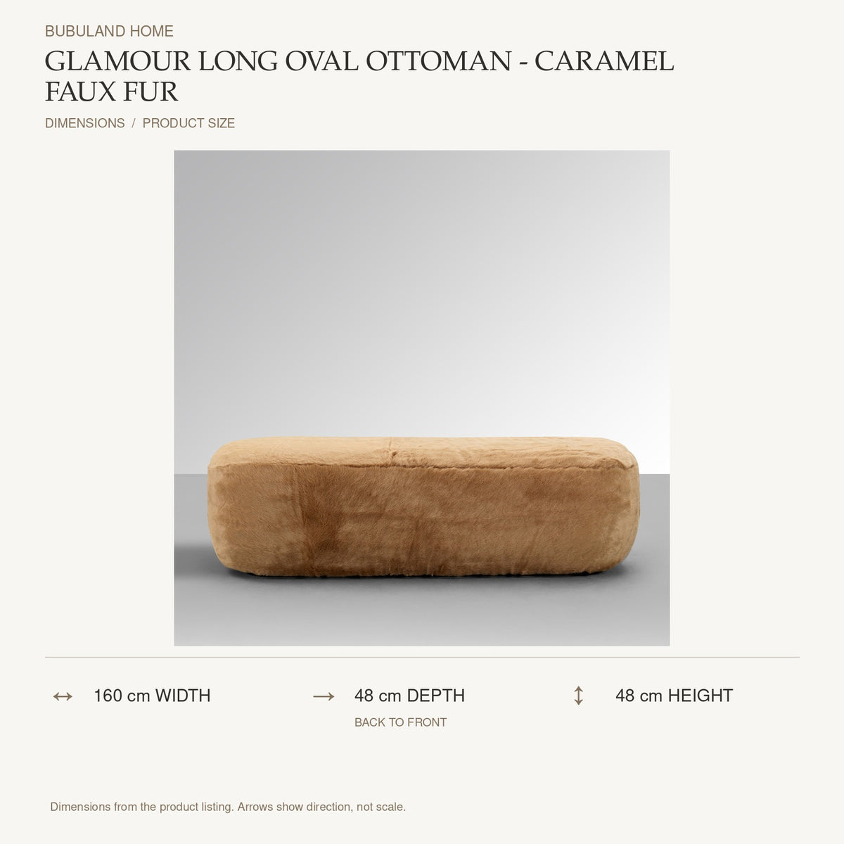 Glamour Long Oval Ottoman - Caramel Faux Fur dimensions: 160 cm width, 48 cm depth, 48 cm height; depth is measured back to front