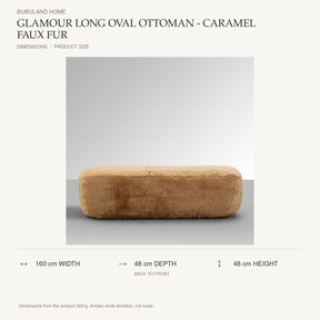 Glamour Long Oval Ottoman - Caramel Faux Fur dimensions: 160 cm width, 48 cm depth, 48 cm height; depth is measured back to front